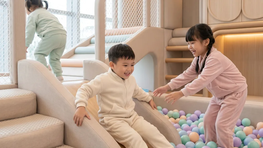 Thiết kế nhà bóng nhà banh cho trẻ em sử dụng hạt nhựa nguyên sinh LLDPE và cầu trượt bọc mút xốp EVA