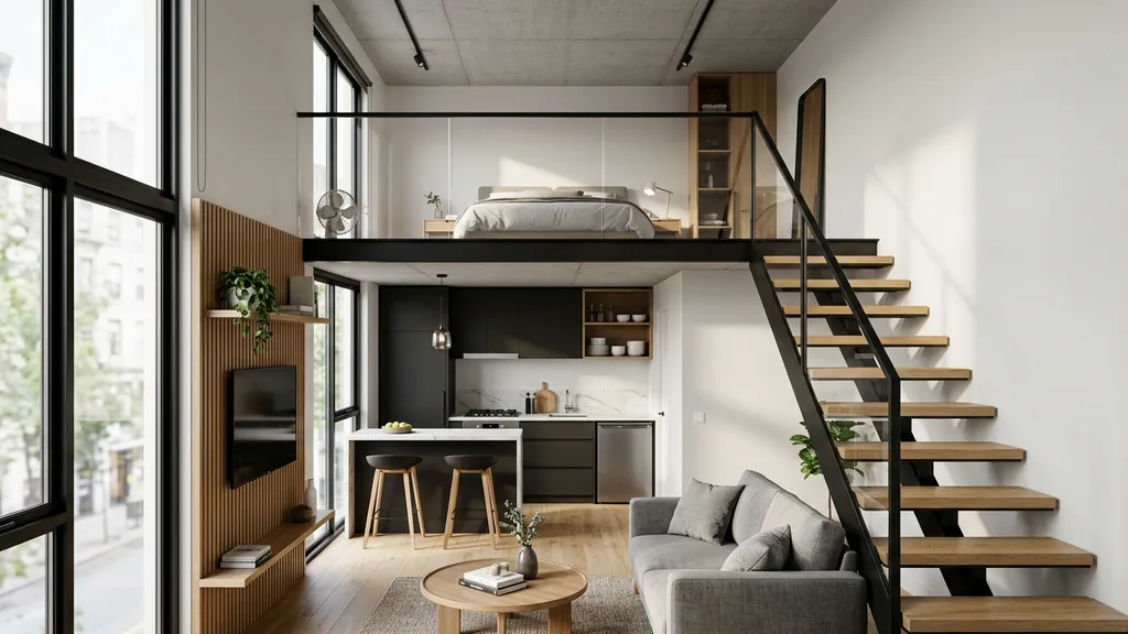 Bố cục mặt bằng và chi tiết sự giao thoa giữa đồ nội thất mang dấu ấn thời gian và tiện nghi hiện đại trong phương án chung cư phong cách vintage (Greige trung tính – Gỗ Tần bì tự nhiên – Kính sọc (Fluted Glass) viền mảnh)