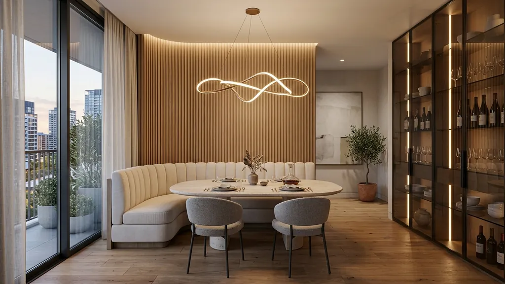 Không gian thiết kế nội thất phòng ăn chung cư trên mặt bằng 59m² – 97m² theo xu hướng Tropical Modern 2026 tối ưu thông gió tự nhiên từ Logia và mảng xanh ban công