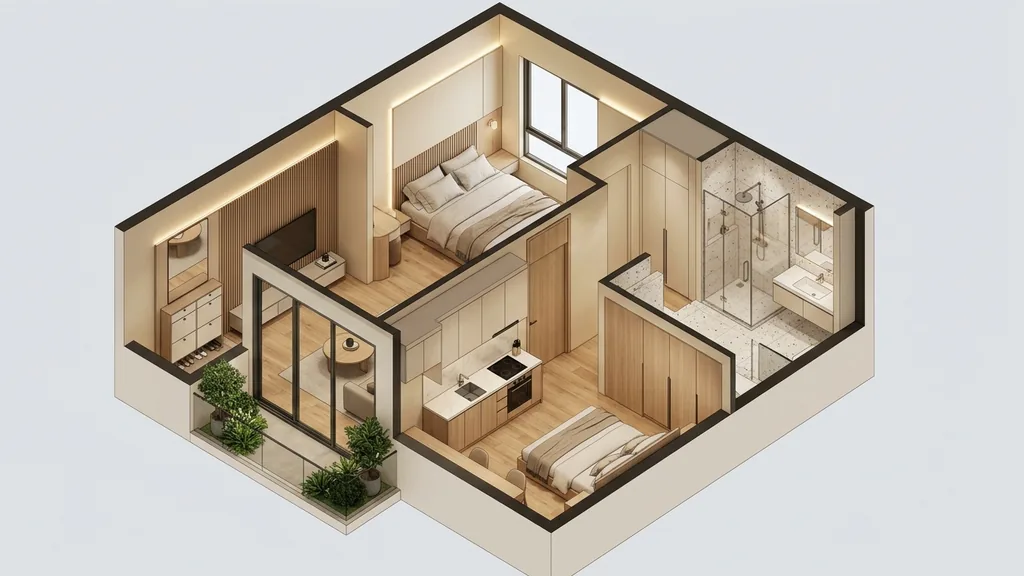 Bố cục mặt bằng và chi tiết nguyên tắc bố trí sofa, bàn trà và kệ tivi cho phòng khách căn hộ trong phương án nội thất phòng khách chung cư (Xám Cashmere – Gỗ Sồi hun khói (Smoked Oak) – Kim loại mạ PVD Champagne)