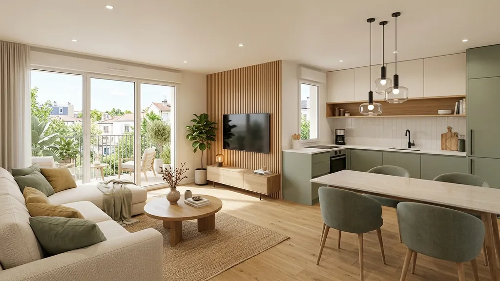 Không gian nội thất phòng khách chung cư trên mặt bằng 67m² – 77m² theo xu hướng Hiện đại Đương đại 2026 (Modern Contemporary) ưu tiên hệ tủ phẳng không tay nắm