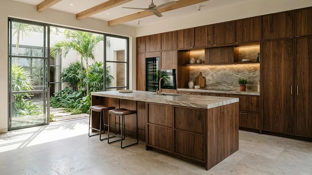 Bếp biệt thự với đảo đá và lối đi thông thoáng