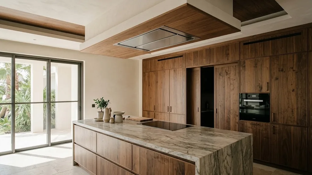 Minh họa máy hút mùi tích hợp trong bếp biệt thự