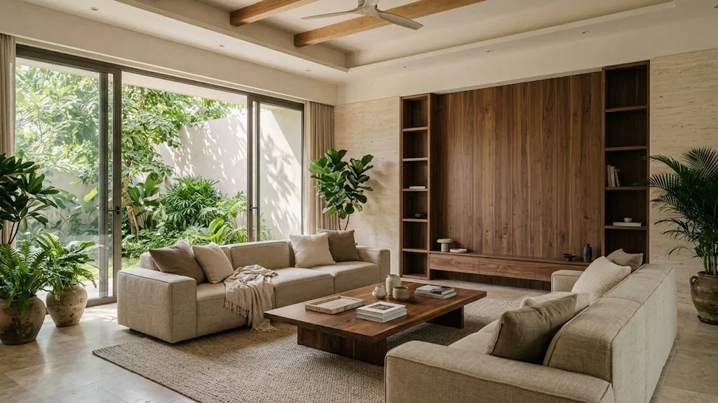 Phòng khách biệt thự với sofa và cửa mở ra sân vườn