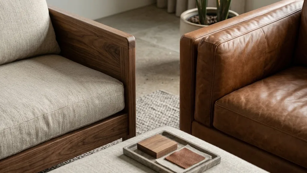 Cận cảnh gỗ, vải và da trong phối vật liệu sofa