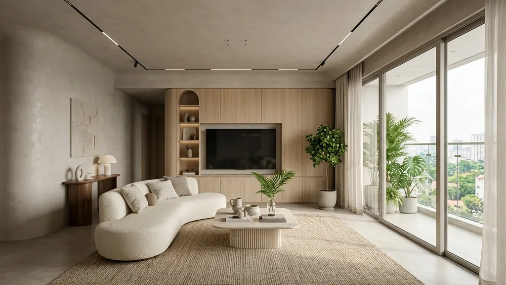 Bố cục mặt bằng và chi tiết cách chia không gian nghỉ ngơi của bố mẹ và góc học tập, ngủ của bé trong phương án thiết kế phòng ngủ chung cho bố mẹ và con (Trắng sứ – Gỗ Sồi Bắc Âu – Điểm nhấn Xanh Sage dịu mắt)