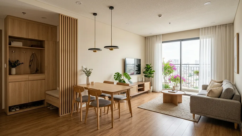 Bố cục mặt bằng và chi tiết bố trí giường ngủ, tab đầu giường và bàn trang điểm hợp lý trong phương án thiết kế phòng ngủ chung cư (Beige hữu cơ – Sơn hiệu ứng Microcement – Vải dệt Linen/Bouclé)