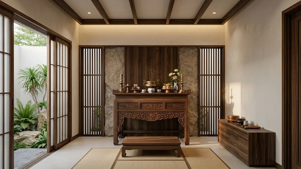 Phòng thờ biệt thự với bàn thờ gỗ và ánh sáng dịu