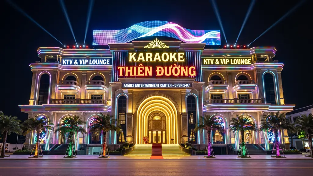 Thiết kế thi công mặt tiền quán karaoke và tổ hợp giải trí KTV hiện đại chuẩn PCCC bởi Không Gian Việt