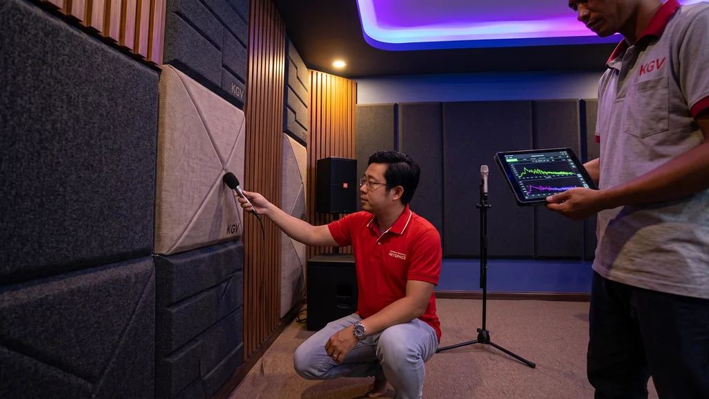 ThS KTS Nguyễn Ngô Thanh Phong trực tiếp đo đạc kiểm định cách âm tiêu âm phòng karaoke tại công trình