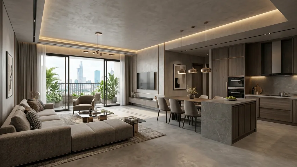 Phối hợp vật liệu gỗ chống ẩm và ánh sáng 3000K cho khoảng cách lưu thông tối thiểu quanh giường ngủ và trước cánh tủ quần áo tại Không Gian Việt