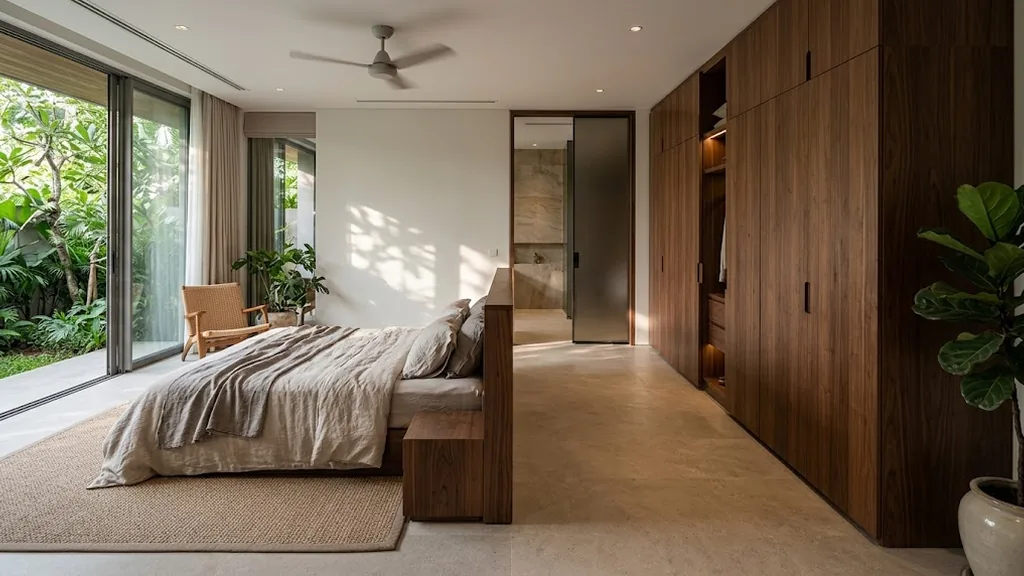 Minh họa lối đi từ giường đến tủ áo và phòng tắm