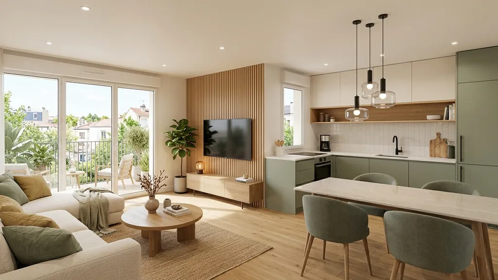 Bố cục mặt bằng và chi tiết khi nào căn hộ của bạn thực sự cần đến đồ nội thất thông minh? trong phương án nội thất thông minh cho căn hộ nhỏ (Kem ấm (Warm Cream) – Gỗ Sồi sáng (Light Oak) – Đá nung kết vân mây)