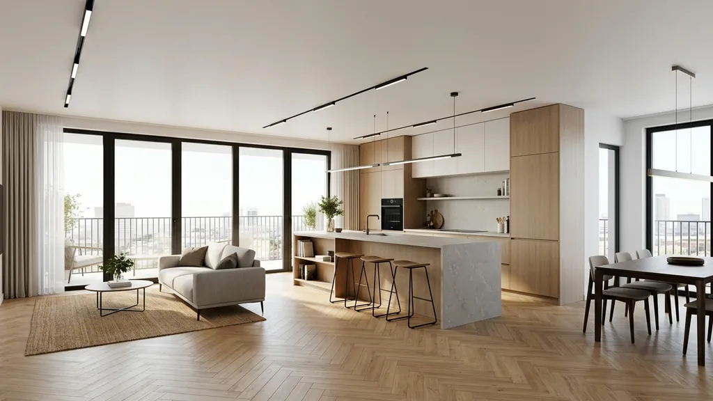Không gian thiết kế 3d căn hộ chung cư trên mặt bằng 70m² – 103m² theo xu hướng Smart Compact Living 2026 tích hợp module nội thất đa năng và vách ngăn xuyên sáng
