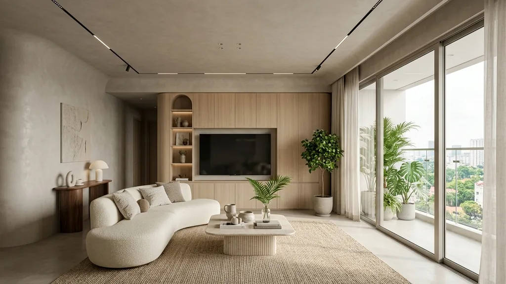 Bố cục mặt bằng và chi tiết nghệ thuật phối màu sơn, tranh treo và đèn trang trí trong phương án decor chung cư 2 phòng ngủ (Kem sữa – Chỉ nổi tân cổ điển thanh mảnh – Sàn gỗ xương cá Herringbone)