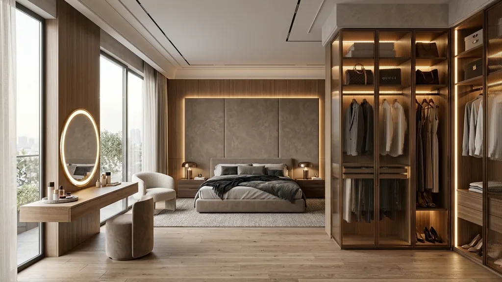 Phối hợp vật liệu gỗ chống ẩm và ánh sáng 3000K cho kịch bản ánh sáng vàng ấm kết hợp đèn cây góc sofa tại Không Gian Việt