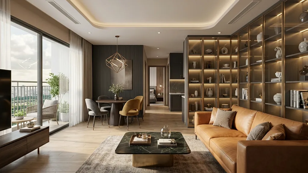 Không gian decor phòng khách chung cư trên mặt bằng 70m² – 80m² theo xu hướng Bespoke Joinery 2026 cá nhân hóa hệ tủ kịch trần theo nhân trắc học gia đình Việt