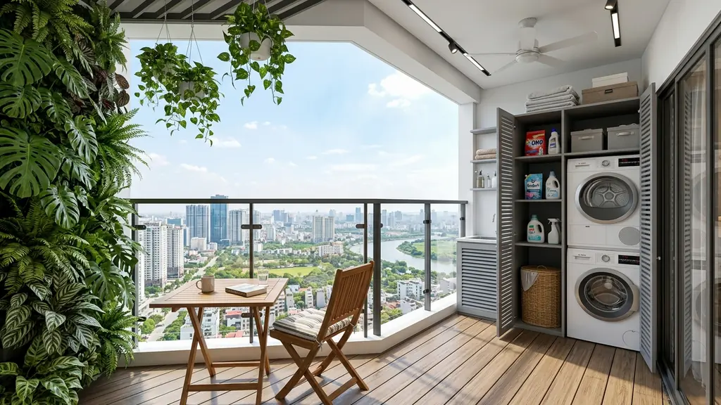 Bố cục mặt bằng và chi tiết thiết kế tủ giày kịch trần tích hợp ghế ngồi thay giày êm ái trong phương án trang trí hành lang chung cư (Trắng ngà (Ivory) – Xám khói nhạt – Vân gỗ Óc chó (Walnut) trầm ấm)