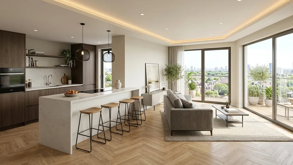 Không gian trang trí hành lang chung cư trên mặt bằng 56m² – 103m² theo xu hướng Smart Compact Living 2026 tích hợp module nội thất đa năng và vách ngăn xuyên sáng